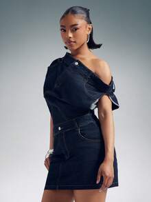 Denimoi Vestido vaquero mini con hombros descubiertos y cintura apilada, vestido de mezclilla de moda y declaración - Azul lavado oscuro - Ver 4