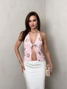 SHEIN Glamour Women's Summer Vacation Sequin Floral Embroidery Halter Backless Blouse - Pink - View 2