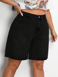 SHEIN ICON 大码夏季休闲纯色斜口袋直筒牛仔短裤 - 黑色 - 查看 5