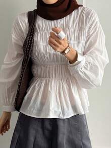 DAZY 女士休闲纯色长袖圆领衬衫，适合春季、夏季和情人节穿着。 - 白色 - 查看 6