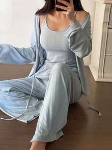 DAZY 3pcs Set Jacquard Knit Tie Cardigan, Camisole & Long Pajama Pants Sleepwear Set For Women - Blue - View 6