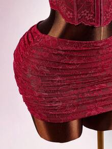 Amplova Bộ đồ hai mảnh ren xương cá gợi cảm dành cho nữ, áo crop top và chân váy ngắn, trang phục thời trang phù hợp cho buổi hẹn hò ngày Valentine, áo quây hở lưng quyến rũ. - Màu Đỏ Sâu - Xem 6