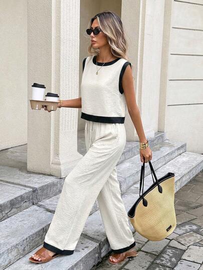 Serisse Women's French Summer Vacation Casual Butter Yellow Linen  Contrast Trim Camisole And Pants 2 Pieces Set, Sleeveless Crew Neck Linen Back Button Top And Pants Set,Linen Sleeveless 2-Piece Pants Set Fashionable, For Summer Office Commuting Set,Summer Sets,,Summer Beach Set,Summer Pant Set, Boho Two Piece Set,Slimming Casual Set,Summer Vacation Outfits,Holiday Outfits For Women, Summer Outfits For Women , Holiday Outfits Western Wear Women Summer Holiday Outfits,Vacation Outfits For Women Resort,Woman Casual Two Piece Set Comfortable Two Piece Set