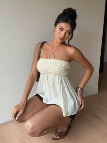 Siren Gaze Women Strapless Smocked Bodice Flared Hem Sleeveless Top, Summer Ladies Casual Wear, Ruffle Trim Strapless Top, Tube Top, Baby Doll Top, Summer Clothes Babydoll Tops Women White Strapless Top Dress Top Summer Tube Top Babydoll Tops For Women Tops For Women For Summer Beautiful Top Beautiful Tops For Women - Apricot - View 7