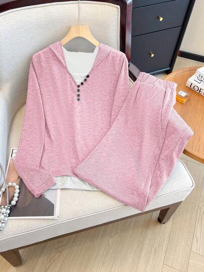 Franclia 2pcs/Set Women Casual Commuter Hooded Long Sleeve Top And Loose Fit Pants, Contrast Color Decorative Button, Basic Gray Knit Outfit, Autumn/Winter Women Long Sleeve Tops Solid Color Tops Cotton Tops Women Plus V Neck Tops Cute Long Sleeve Tops