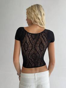 TRNVIE Women's Sexy Black Rhinestone Lace Jacquard Short Sleeve Blouse - Black - View 2