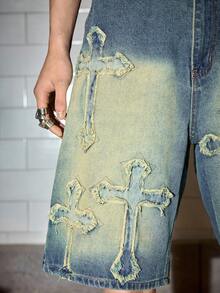 ROMWE MEN Street Life Men's Fashion Cross Pattern Belted Distressed Denim Shorts - Blue - View 2