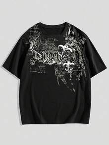 ROMWE MEN Street Life Teen Boy Letter Print Round Neck Short Sleeve Casual Loose Versatile T-Shirt - Black - View 1