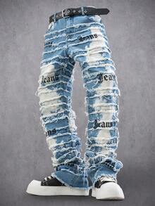 Manfinity EMRG Jeans con estampado de letras y dobladillo deshilachado en capas para hombre - Lavado ligero - Ver 6