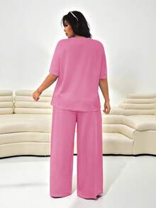 Solflare Conjunto informal de 2 piezas de cárdigan de punto texturizado talla grande + pantalones sueltos - Rosa Fucsia - Ver 2