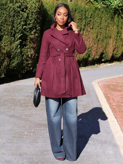 Yess Loren 纯色双排扣优雅长袖大衣