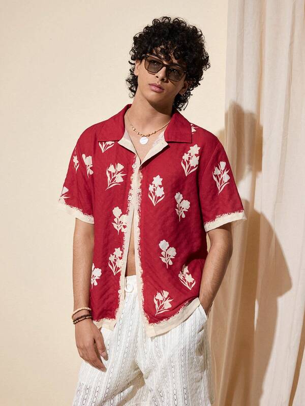 Felipe Marques Men's Floral Embroidery Textured Fabric Loose Fit Short Sleeve Shirt, Casual For Holiday, Party, Beach, Autumn/Spring, Red Bohemian