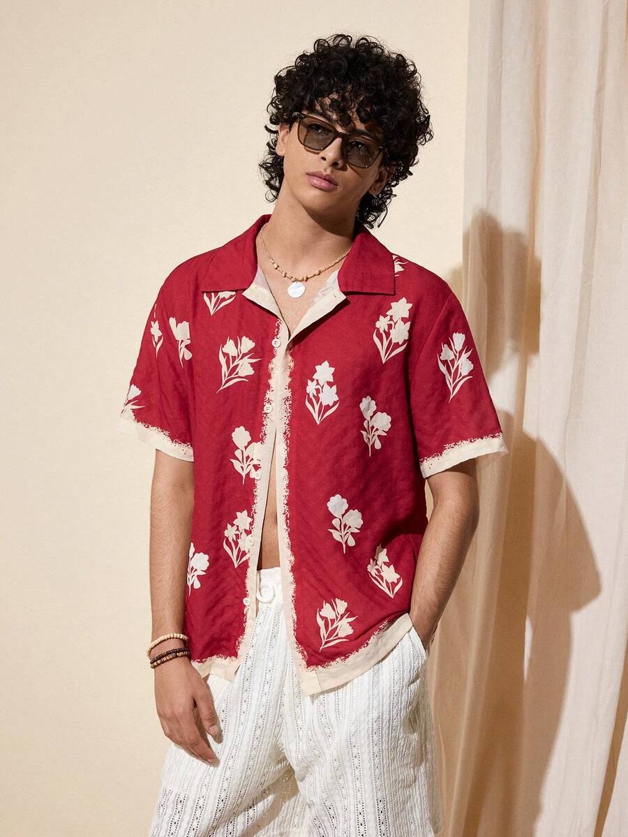 Felipe Marques 男士花卉刺绣纹理面料宽松短袖衬衫，休闲百搭，适合度假、派对、海滩、春秋穿着，红色波西米亚风 - 紅色 - 查看 1
