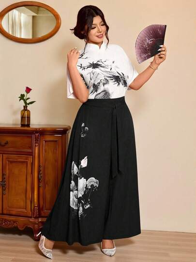 Cravure Women's Plus Size Mandarin Collar Ink Print Short Sleeve Top And Knotted Wide Leg Pants Casual Outfit Long Trouser And Top Set Chinese Style Dress Japanese Dress Long Skirts And Top Set Korean Dress Qipao Dress