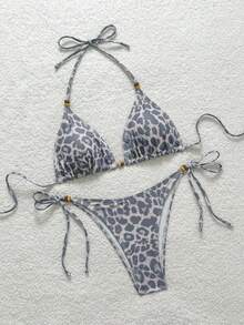Soleia 女士豹纹撞色系带串珠装饰比基尼两件套，度假装 - 灰色 - 查看 3