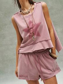 Bohemela 2件套 女士休闲纯色针织宽松背心和短裤 - 粉色 - 查看 5