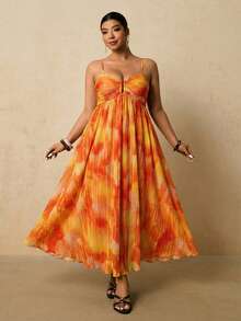 Travachic Đầm xếp ly in họa tiết dáng rộng dành cho nữ cỡ lớn, thích hợp mặc đi nghỉ mát. - trái cam - Xem 4