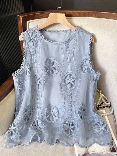 Lacomfia Camiseta sin mangas de mujer con cuello redondo elegante y minimalista, con diseño floral calado y talla grande