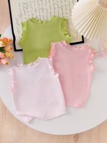 3pcs Young Girl Floral Embroidery Lettuce Trim Casual Vacation Daily Commute Camisole - Multicolor - View 2