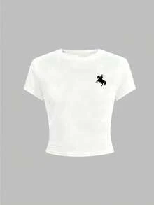 1 chiếc áo thun ngắn tay cổ tròn ôm sát, in hình họa tiết dễ thương, thiết kế tối giản đáng yêu dành cho thanh thiếu niên. - trắng - Xem 4