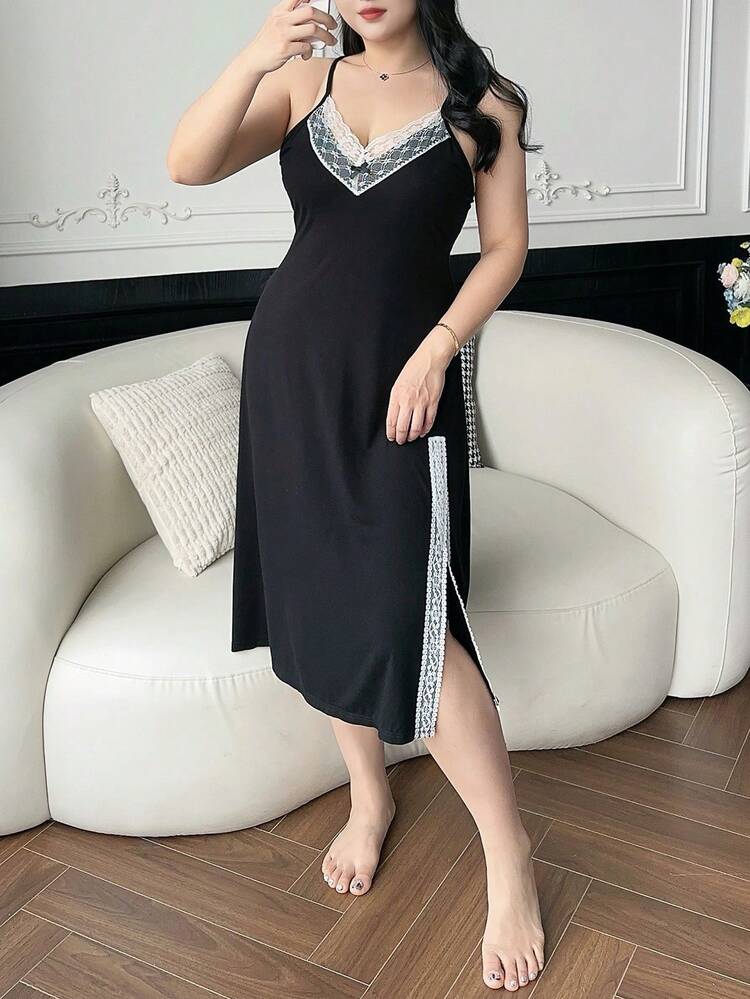 Dazy Plus Plus Size Sexy Bodycon Color Block Lace Patchwork Slit Cami Midi Nightgown