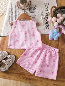 SHEIN LMoss Kids 2pcs Young Girl's Pink Elegant Woven Striped Bow Tie Vest And Shorts Set,Summer,Matching,Family Vacation,Stylish Casual Kids Outfits For Holidays - Multicolor - View 9