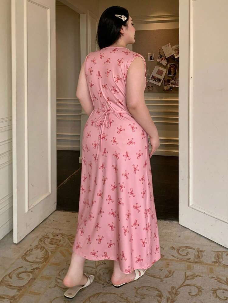 Dazy Plus Plus Size Women Bow Floral Print Bodycon V-Neck Sexy Long Nightgown, Spring/Summer