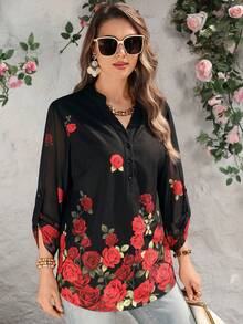 EMERY ROSE 女款大尺碼玫瑰印花半鈕扣洋裝上衣，黑色與紅色，秋季優雅休閒，適合夏季海灘度假，荷葉邊上衣 - 紅色 - 查看 6