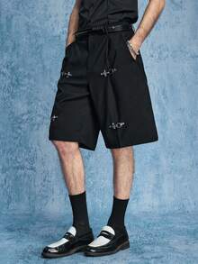 ROMWE MEN Pantalones cortos casuales de hombre de unicolor con bolsillo plisado y botones a presión - Negro - Ver 6