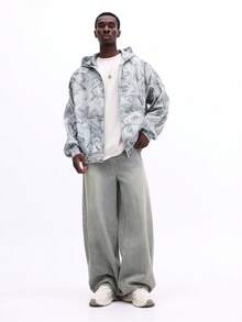 SUMWON 男士宽松版型全拉链迷彩连帽衫，罗纹袖口和下摆，休闲冬季街头风宽松款 - 灰色 - 查看 3