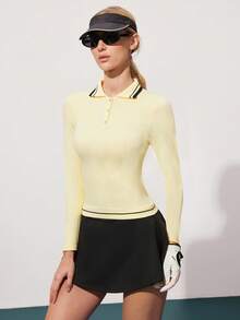 CourtClass Women's Striped Long Sleeve Single-Breasted Golf Polo Shirt - Cream - View 4