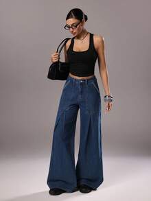 TRNVIE Women's Pocketed Button Pleated Casual Versatile Daily Wear Wide Leg Jeans - Medium Wash - View 6