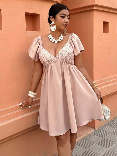 Weeklong Plus Size Women's Casual Vacation & Daily Wear Lace Decor Waist Fit & Flare Ruffle Sleeve Short Dress, Spring/Summer