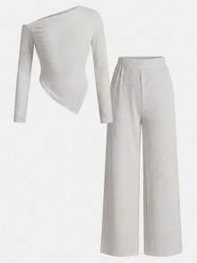 SHEIN 2pcs Tween Girls Casual Knit Asymmetric Collar T-Shirt And Wide Leg Pants Set, Suitable For Autumn/Winter, Daily Casual Wear - Apricot - View 4