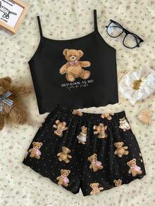 SHEIN Teen Girls Casual Slim-Fit Camisole Top And Shorts Pajama Set, Suitable For Summer - Black - View 3