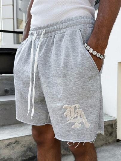 PAVTROS 男士夏季休闲毛边抽绳腰灰色短裤，刺绣设计，字母刺绣，毛巾刺绣，日常百搭男士慢跑短裤灰色短裤男士运动短裤洛杉矶短裤男士短裤