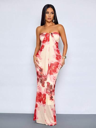 SOLERSUN Women's Boho Fashionable Flower Printed Pleated Ruched Sleeveless Sheer Mesh Maxi Dress, Vacation Tube Dress (Random Floral)