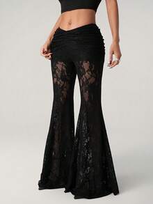 SHEIN ICON Women's Lace Low Waist Front Ruched Flare Pants, Sheer Sexy For Outing - Black - View 6