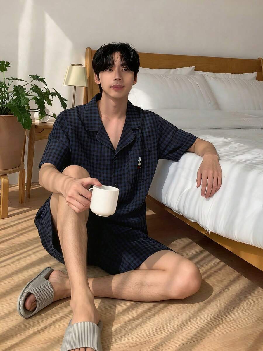 DAZY 男士夏季口袋设计短袖衬衫和短裤睡衣套装 - 藏蓝色 - 查看 1