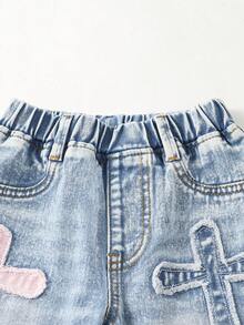Girls' Loose Fit Jeans,Blue Summer Back-To-School,Lightweight Washed Denim,Cross Patch Design,Comfortable Cotton Casual Outdoor Versatile Denim Pants - Medium Wash - View 8