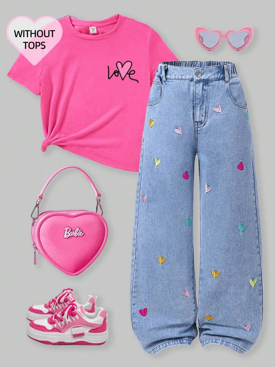 Sparklyn Quần jeans ống rộng thời trang cho thiếu nữ, thiết kế mới thêu hình trái tim, quần ống đứng dáng rộng, quần jeans rộng thùng thình cho nữ, quần jeans ống rộng cho bé gái, quần jeans mùa đông, quần jeans lấp lánh dễ thương, màu sáng, họa tiết, ống đứng, chất liệu denim. - Màu xanh lam - Xem 1