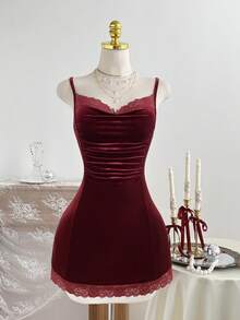 Elamini Summer Casual Vacation Lace Fitted Ruched Spaghetti Strap Sexy Burgundy Women Dress - Burgundy - View 1