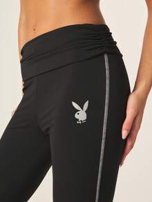 Missguided x Playboy High Waisted Flared Athletic Leggings With Bunny Logo And Metallic Side Stripe Detail - Black - View 4