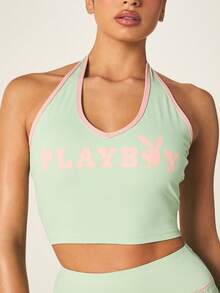 Missguided x Playboy Sage Halter Neck Sports Tank Top With Logo Print And Pink Contrast Trim - Green - View 3