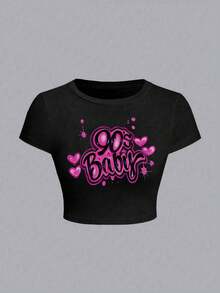 SHEIN Women Casual Letter Print Slim Fit Crop Top T-Shirt, Summer - Black - View 3