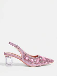 CUCCOO TILAWA Tacones altos de cristal con puntera puntiaguda y rhinestones rosas, adecuados para salidas, banquetes, fiestas y otros eventos - Rosa - Ver 2