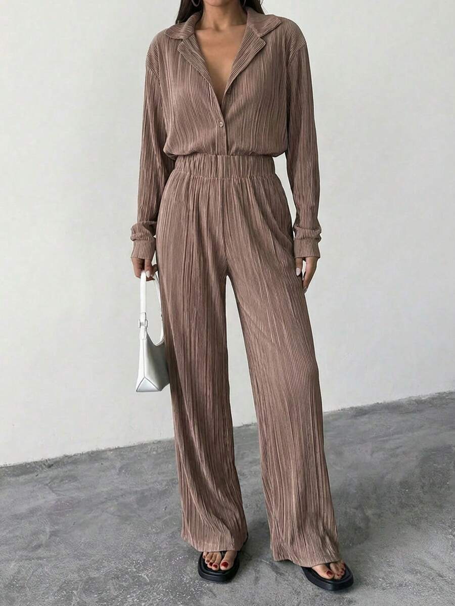 EURMUSE Lapel Neck Drop Shoulder Shirt & Pants - Dusty Pink - View 1