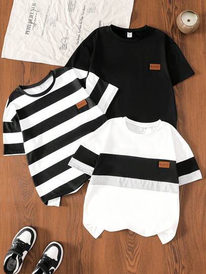 SHEIN 3pcs Tween Boy Letter Print Short Sleeve Tee, Solid Color & Striped Patchwork Round Neck T-Shirts, Suitable For Casual, Holiday, Sports, Summer