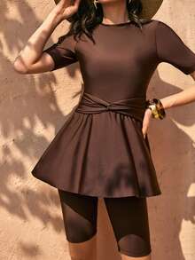 Swim Mulvari 女士纯色挂脖扭结褶皱吊带泳衣套装，适合海滩度假 - 棕色 - 查看 8