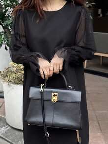 FRIFUL 女士轻薄透明直筒连衣裙，圆领长袖，袖口呈喇叭形，宽松休闲百搭，适合春夏穿着 - 黑色 - 查看 6